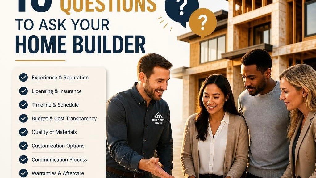 Graphic titled 10 Questions to Ask Your Home Builder with a builder reviewing plans with clients