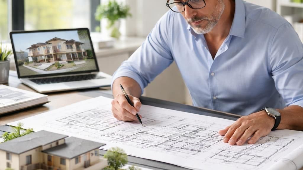 Architect sketching residential house plans at a desk