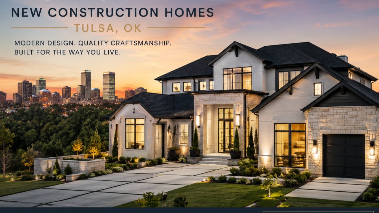 New construction luxury home at dusk with the Tulsa skyline in the background